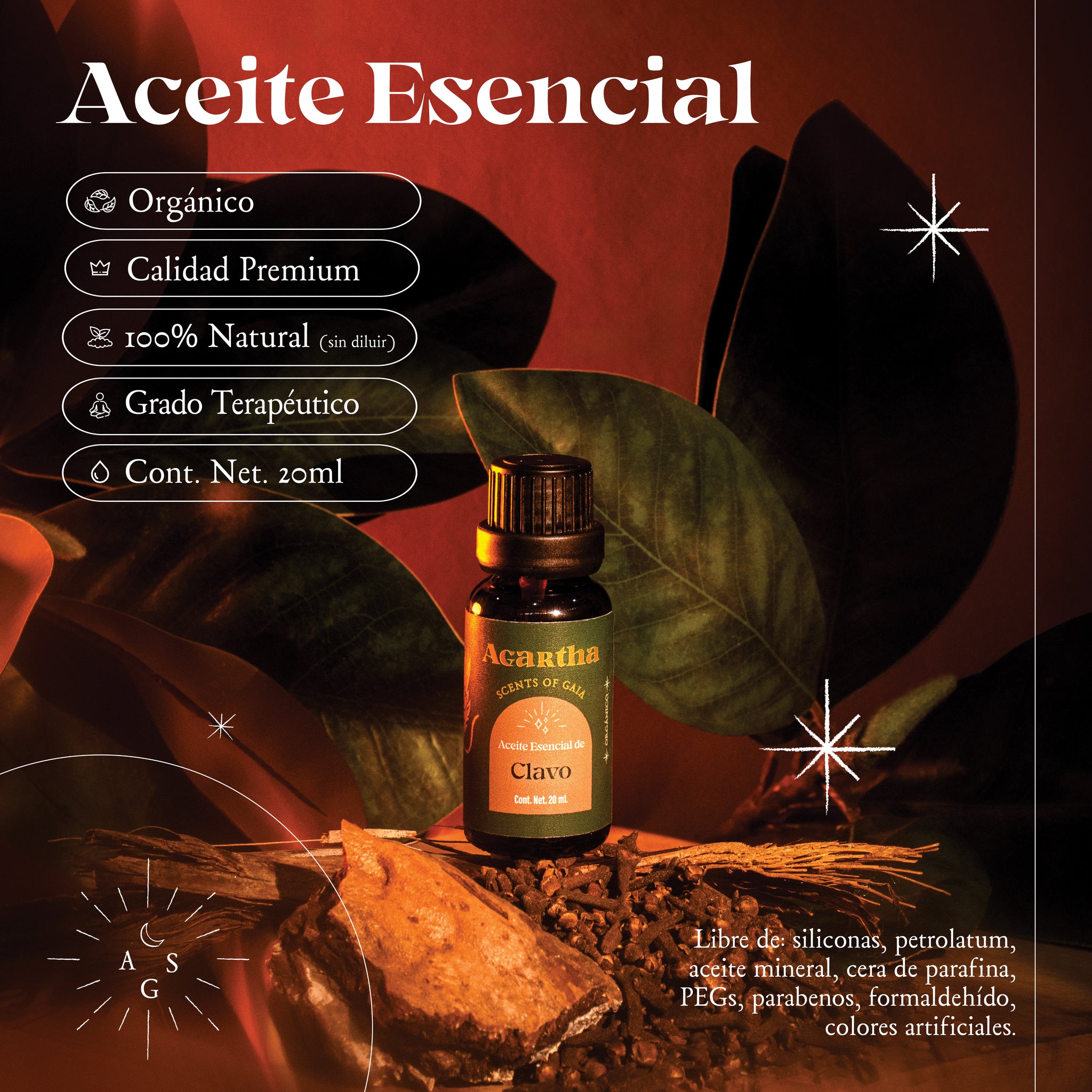 Aceite esencial de clavo en envase de vidrio, perfecto para aromaterapia y cuidado personal con un toque especiado.