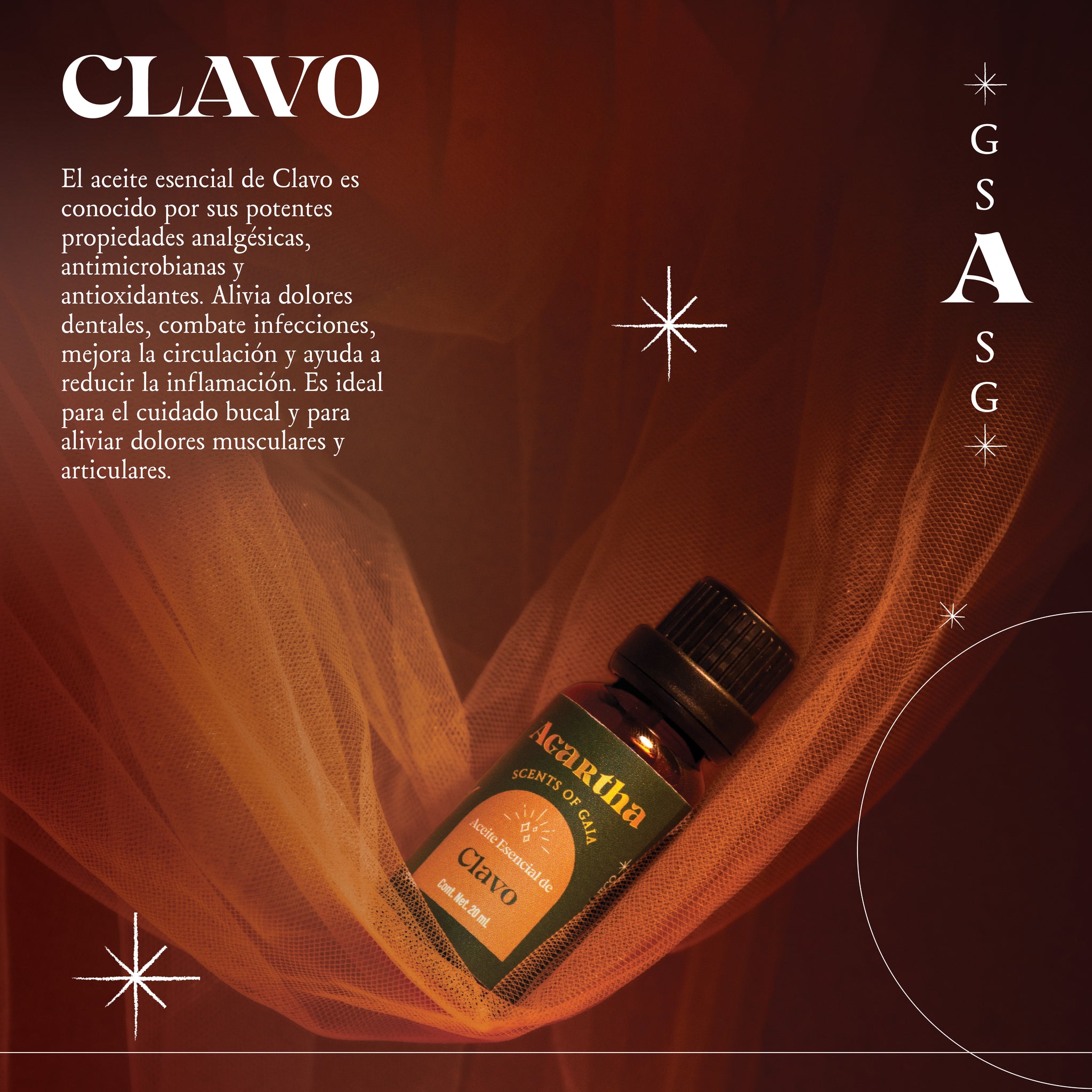 Detalle de la etiqueta del aceite esencial de clavo, con ingredientes 100% naturales y presentación elegante.