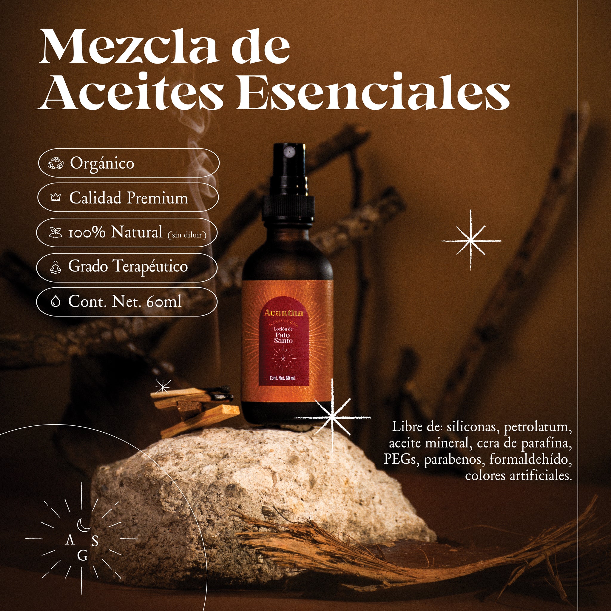 Loción de Palo Santo Agartha, elaborada con ingredientes naturales, perfecta para aromaterapia y cuidado corporal.