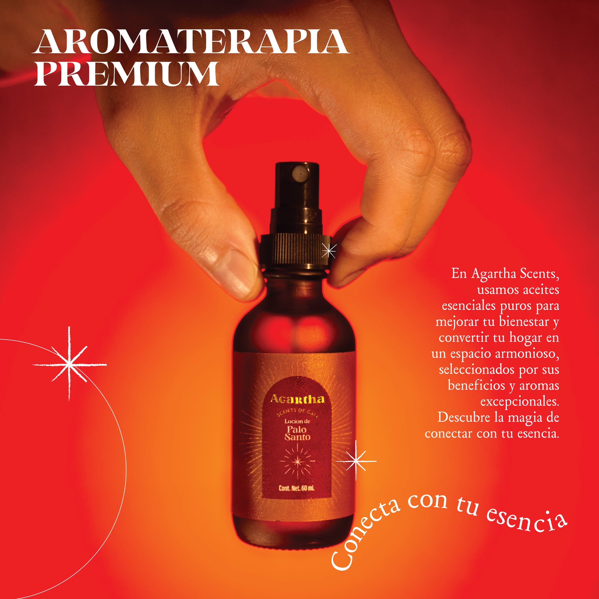 Loción de Palo Santo Agartha, ideal para refrescar la piel y proporcionar un aroma relajante y espiritual.