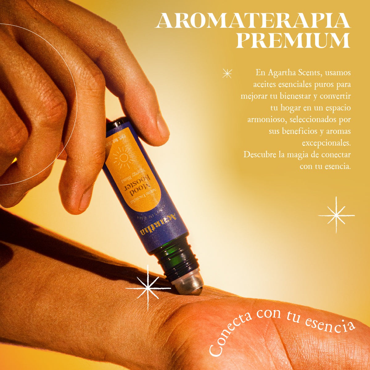 Mood Booster Roll-On en uso, perfecto para mejorar el estado de ánimo, mantener la concentración y revitalizar los sentidos.