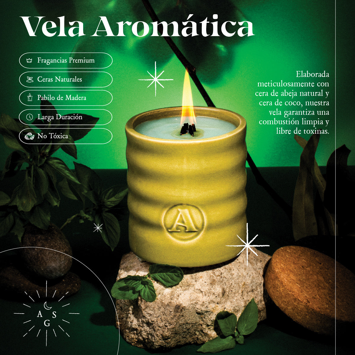 Vela Agartha 79 elaborada con cera de abeja natural y cera de coco, perfecta para una combustión limpia y libre de toxinas.